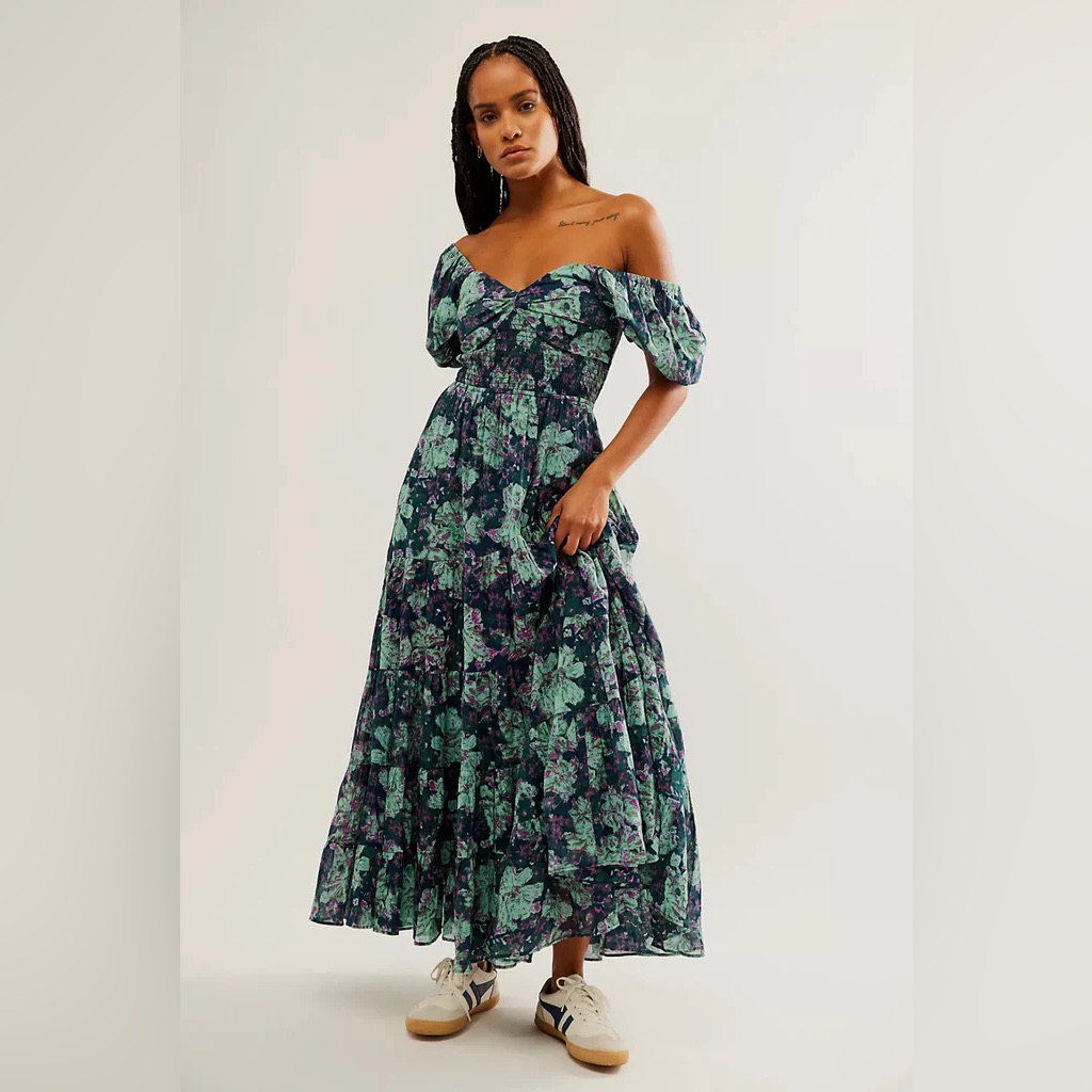 Free People Floral Sundrenched Short Sleeve Maxi Dress Navy Blue Green Size M